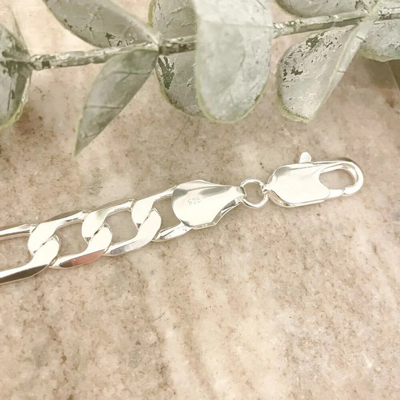 925 Sterling Silver Chunky Chain Link Bracelet Silver Figaro Bracelet 12 MM - Picture 4 of 4
